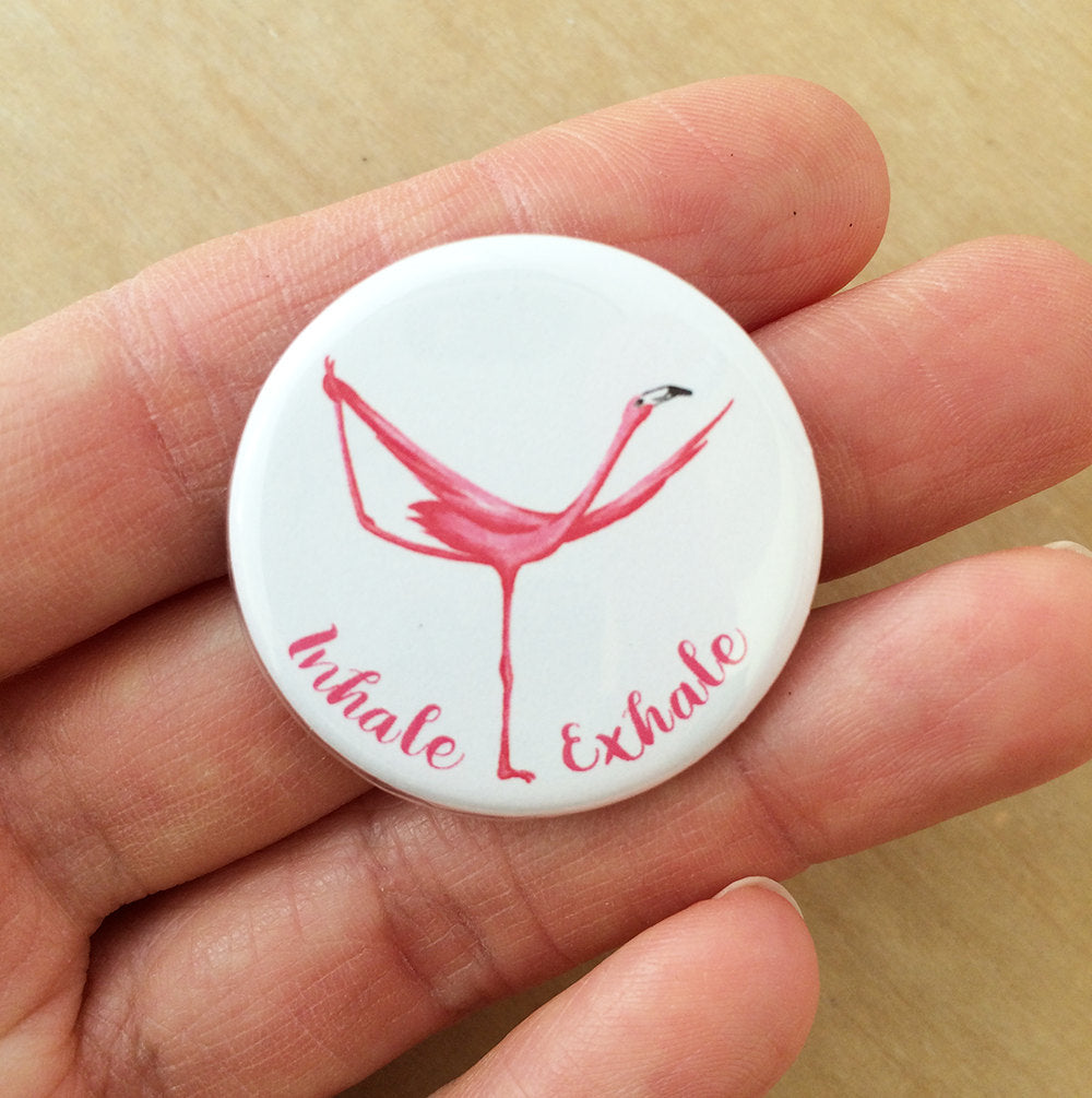 Inhale Exhale pink flamingo pin magnet yoga