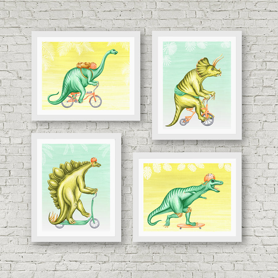 Ensemble de 4 affiches de dinosaures à vélo