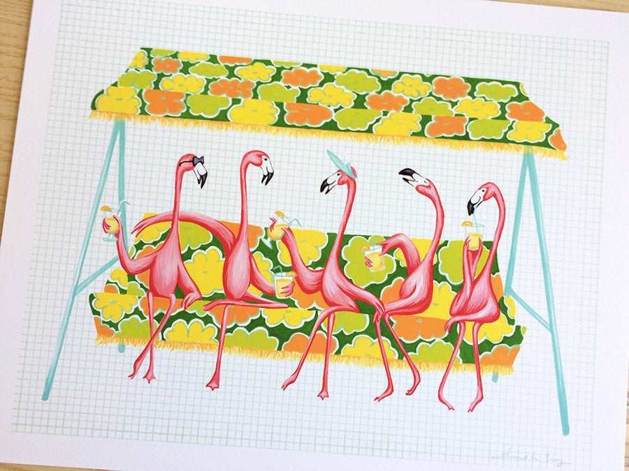 Pink Flamingo, rocking chair, art print, gouache painting, flamingo art, flamingo love, flamingo decor, flamingo illustration, amelie legault,, vintage chair, lawn chair