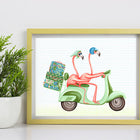 Pink flaming, scooter, vespa, road trip, vintage, print, flamingo art, flamingo love, flamingo decor, flamingo illustration, amelie legault,