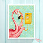 Flamant rose au téléphone, affiche, peinture à la gouache, flamingo art, flamingo love, flamingo decor, flamingo illustration, amelie legault,