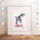 shark week, shark illustration, Shark on a bike, art Print, Drawing, Home decor, amelie legault 