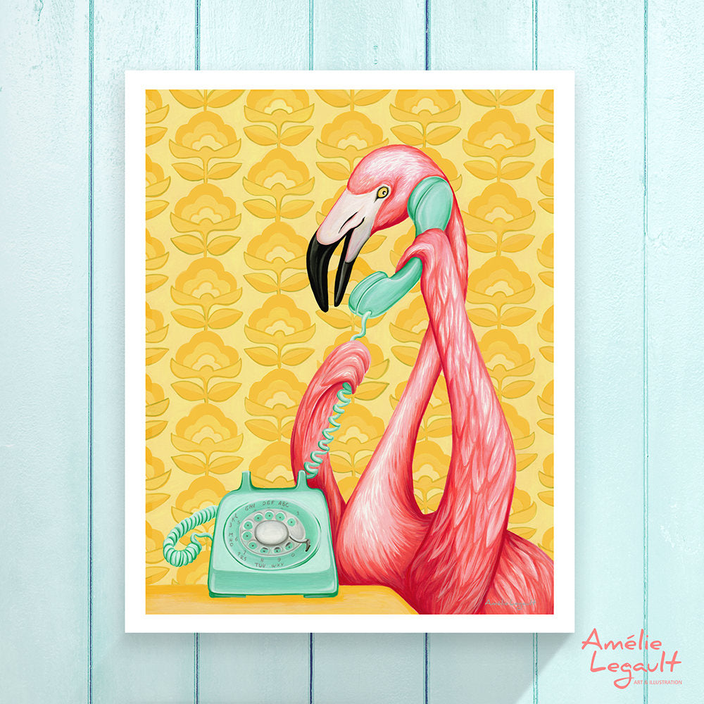 Pink flamingo on the phone, Print, Painting, flamingo art, flamingo love, flamingo decor, flamingo illustration, amelie legault,