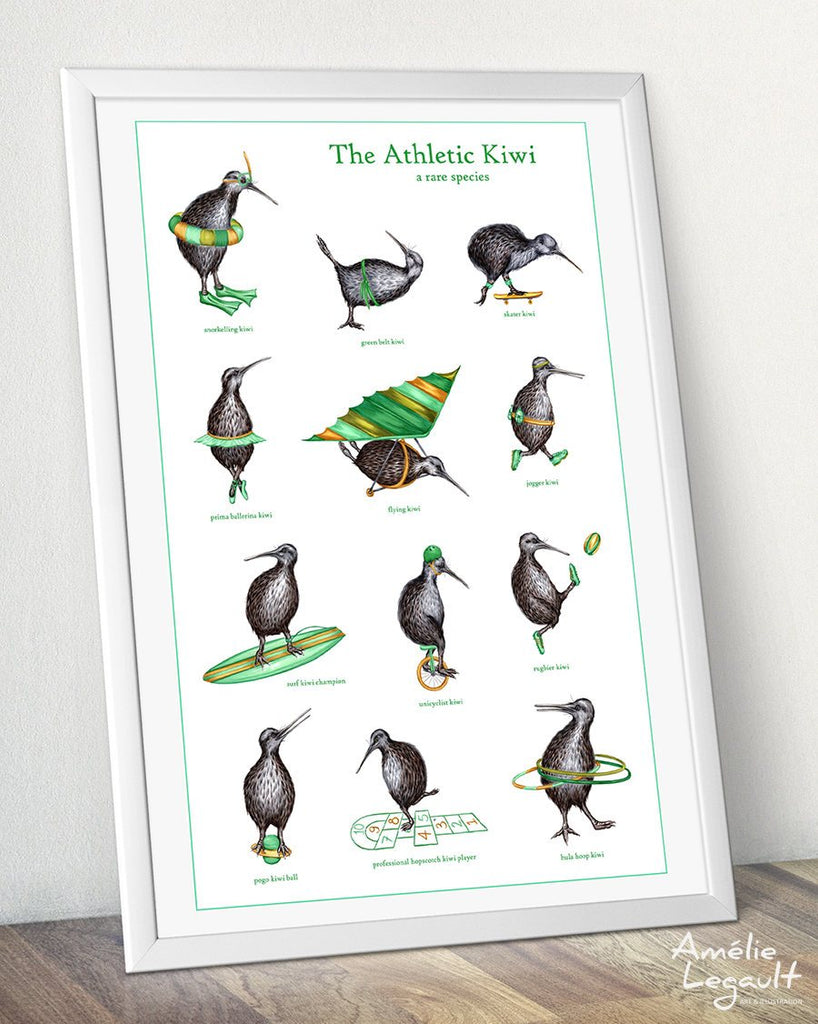 Affiche de kiwis sportifs, dessin, illustration de kiwi, amelie legault, illustration sportive, nouvelle-zélande