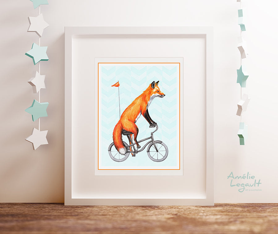 Fox on a bike, art print, fox drawing, fox illustration, fox art work, amelie legault, bike art work, bicycle print, canadian art, canadian artist