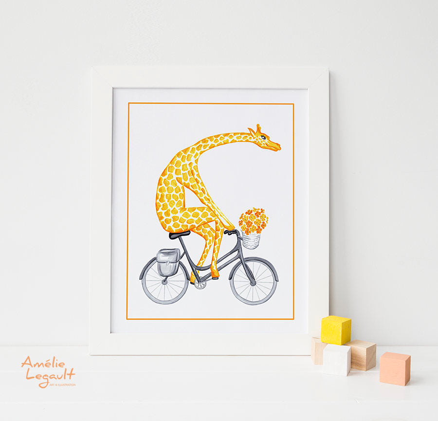 Giraffe on a bike, art Print, amelie legault, giraffe illustration, giraffe drawing, giraffe print, giraffe art work, bicycle print, bicycle drawing 