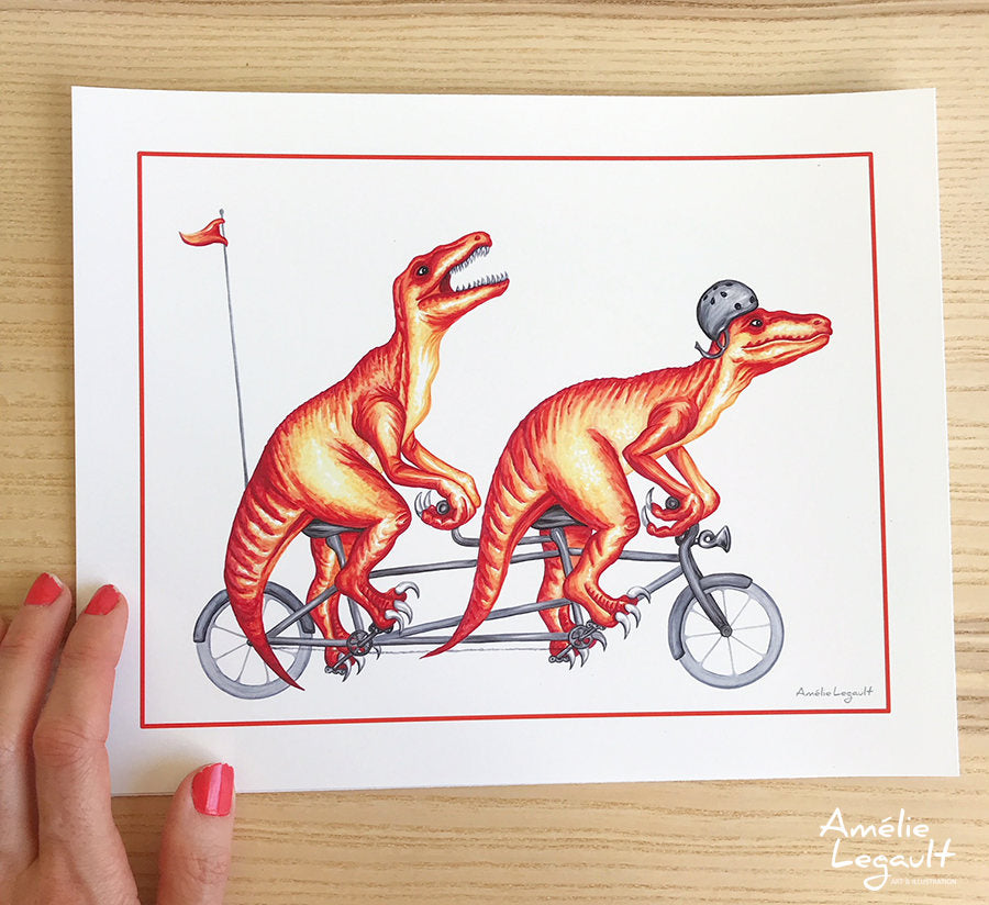 Raptors on a tandem bike, art print, dinosaur drawing, dinosaur theme, kid's room decor
