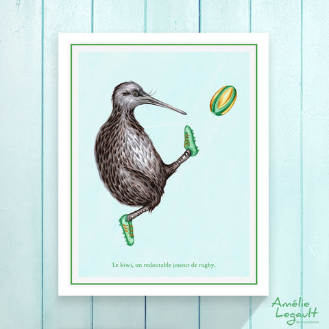 Kiwi, oiseau, rugby, affiche, décoration murale, dessin, amelie legault, illustration de kiwi, affiche de kiwi, new zealand