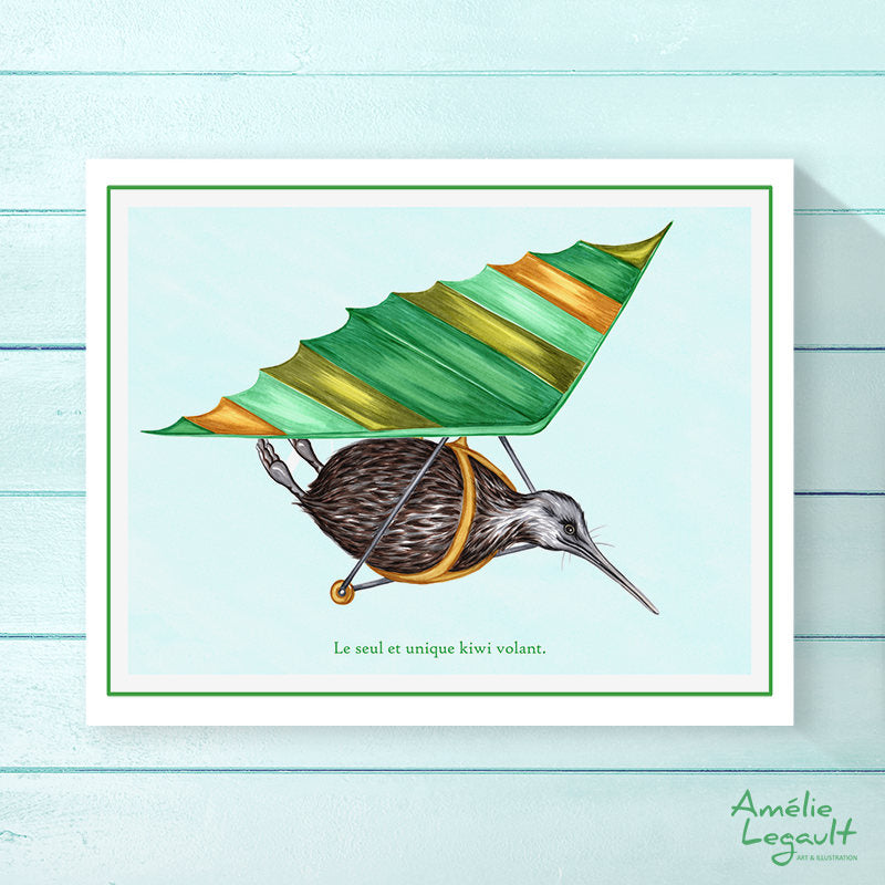 Flying Kiwi bird print, hang glidding drawing, Home decor, Kiwi bird, kiwi illustration, kiwi art, art print, amelie legault, kiwi love, new zealand