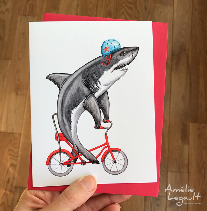 Shark card, bike card, birthday card, shark riding a bike, amelie legault