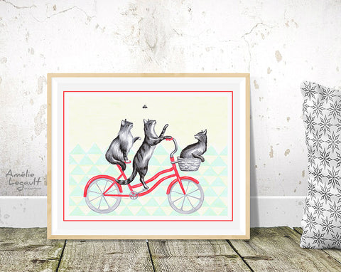 Affiche de chats, illustration de chats, dessin de chat, Chats à vélo, affiche de bicyclette, amélie legault