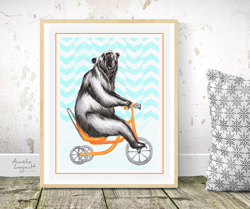 Bear on a bike,  art Print, bear Drawing, bear illustration, bear print, bear decoration, amelie legault, bicycle artwork, bicycle illustration