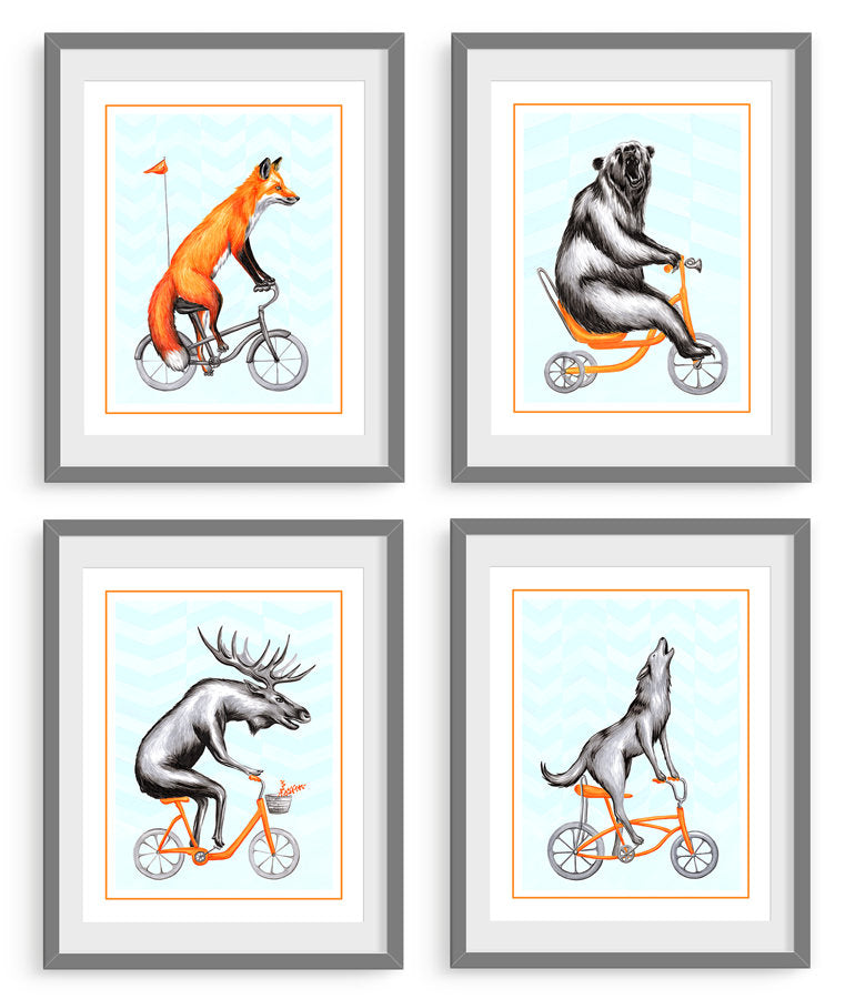 Animals on bikes, art print set, forest animals, canadian animals, amelie Legault, illustration, drawing