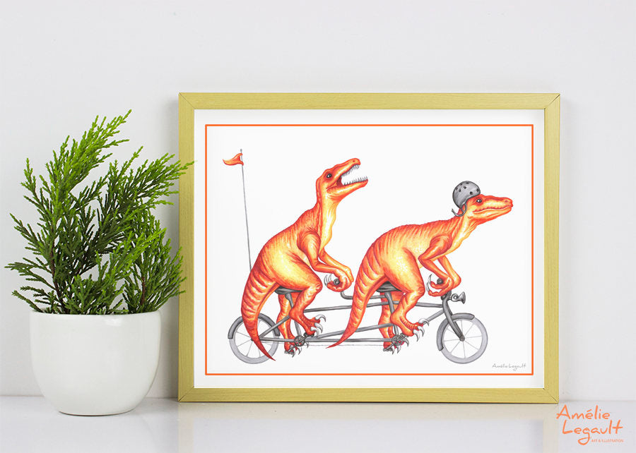 Velociraptors en vélo tandem, dessin de raptors, illustration de dinosaures, affiche de dinosaure, affiche de vélo tandem, amélie legault, affiche de bicyclette