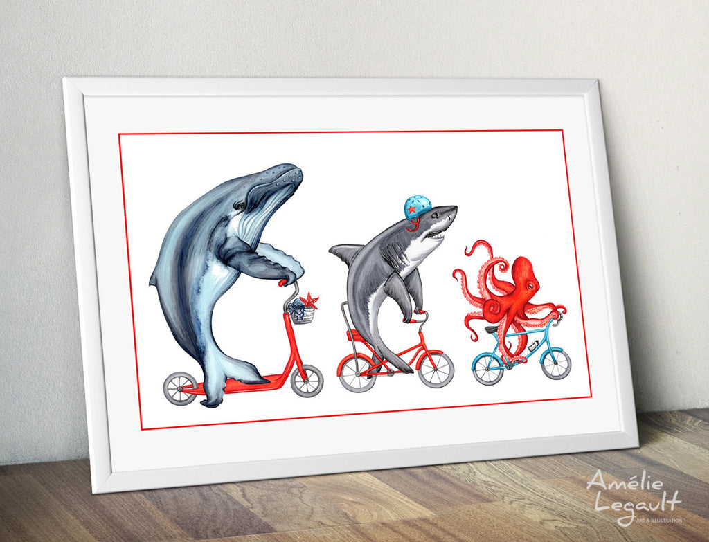 Whale, Shark and Octopus on bikes, art Print, Drawing, Home decor, sea animals, sea theme decor, washroom art, amelie legault