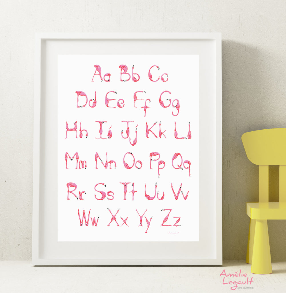 Pink Flamingo, ABC poster, Alphabet poster, amelie legault 