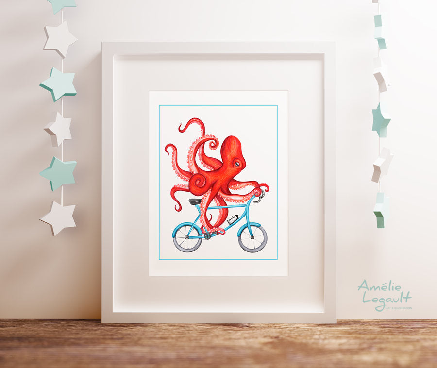 Pieuvre à bicyclette, affiche, décoration de salle de bain, amelie legault, illustration de pieuvre, dessin de pieuvre, affiche de pieuvre, affiche de vélo, dessin de bicyclette 