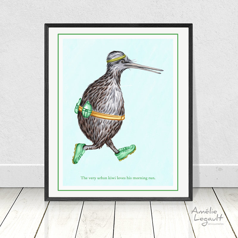 Kiwi bird jogging, print, wall art, Kiwi bird, kiwi illustration, kiwi art, art print, amelie legault, kiwi love, new zealand