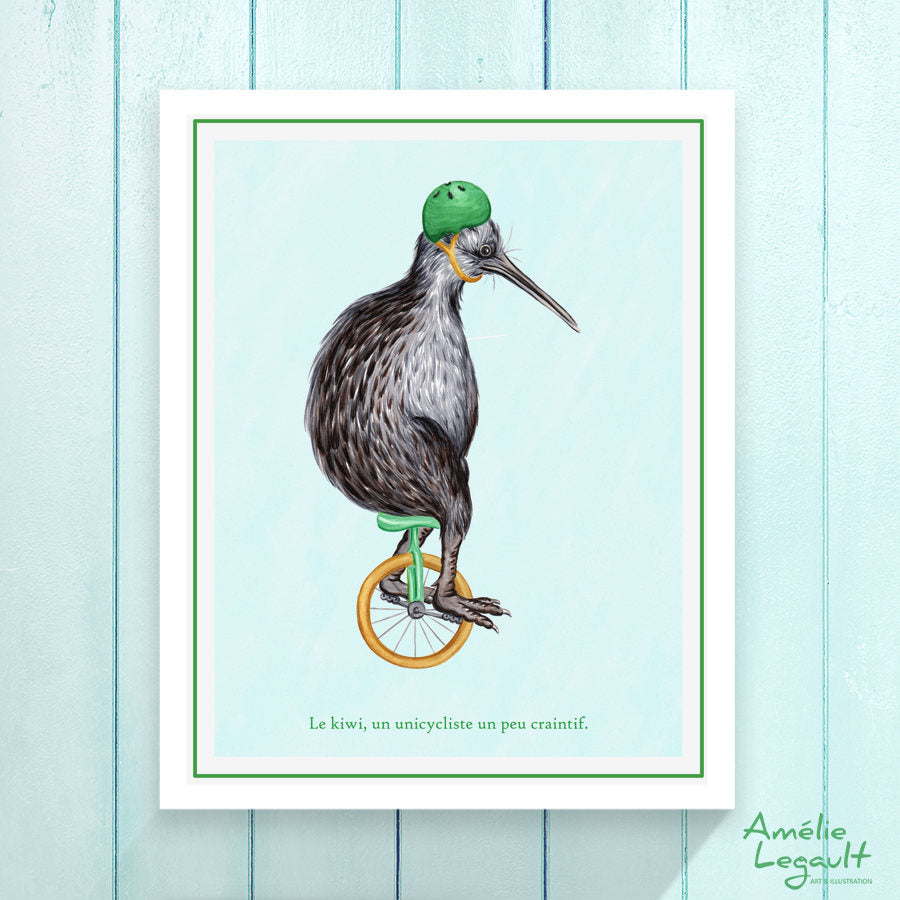 oiseau kiwi, illustration de kiwi, unicycle, affiche, dessin de kiwi, décoration de kiwi, amelie legault, nouvelle-zélande, 