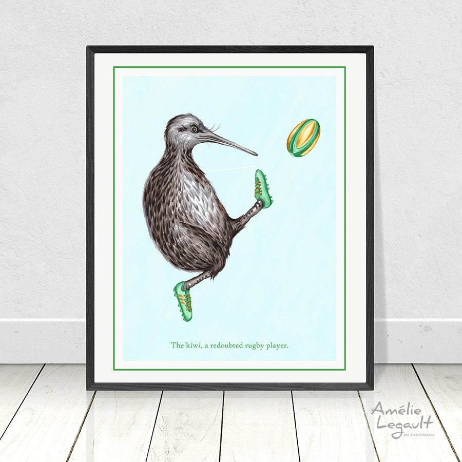Kiwi, kiwi illustration, rugby, art print, home decor, amelie legault, kiwi drawing, rugby art, rugby illustration, new zealand