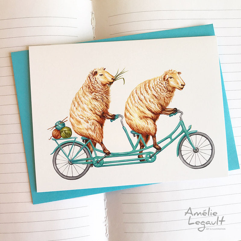 Moutons en vélo tandem, carte de souhaits
