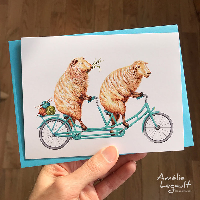 Sheeps riding a bike, greeting card