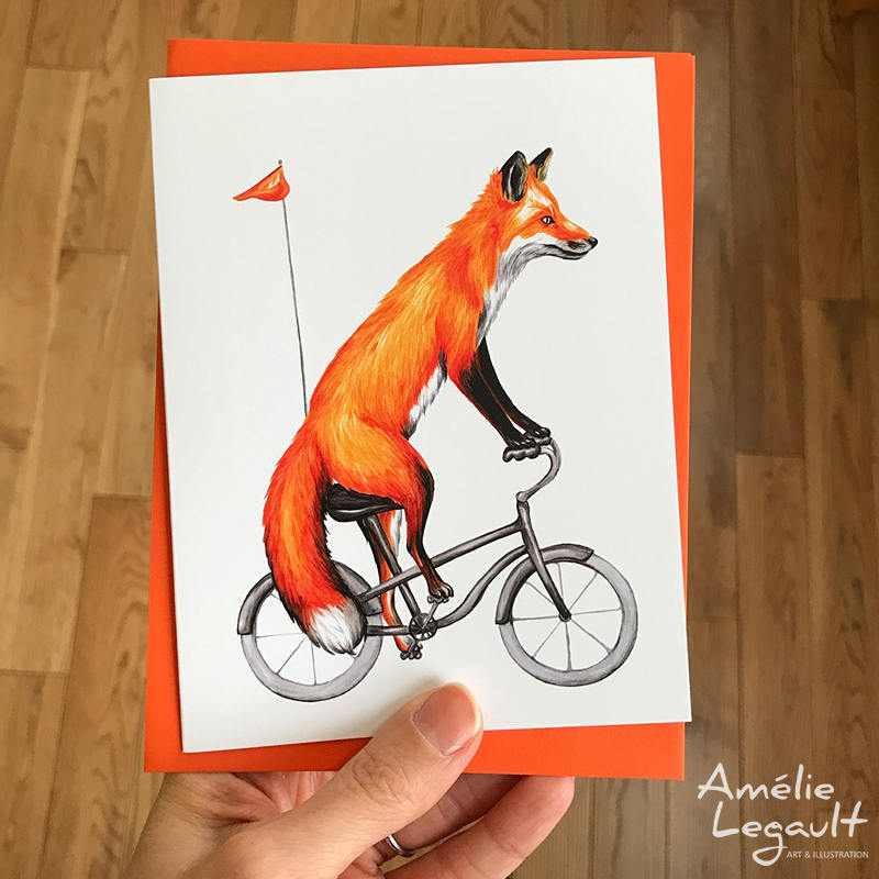 Illustration de renard, carte de souhaits, amelie legault, carte de vélo, renard roux, animal canadien