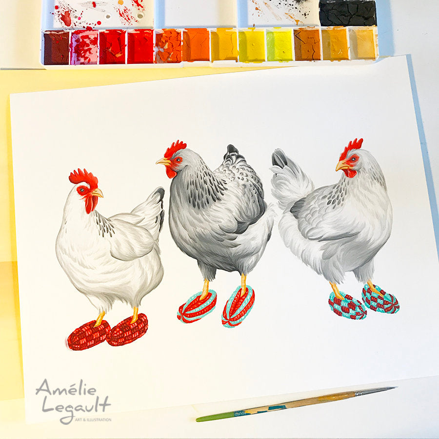 Poules en pantoufles en phentex, Affiche, Peinture, amélie legault, artiste québécoise, fait au québec, illustration de poules