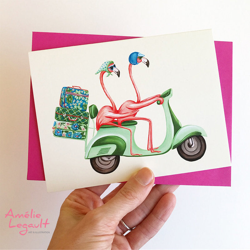 Pink Flamingo, birthday card, wedding card, vespa, scooter, amelie legault, valentine's day card