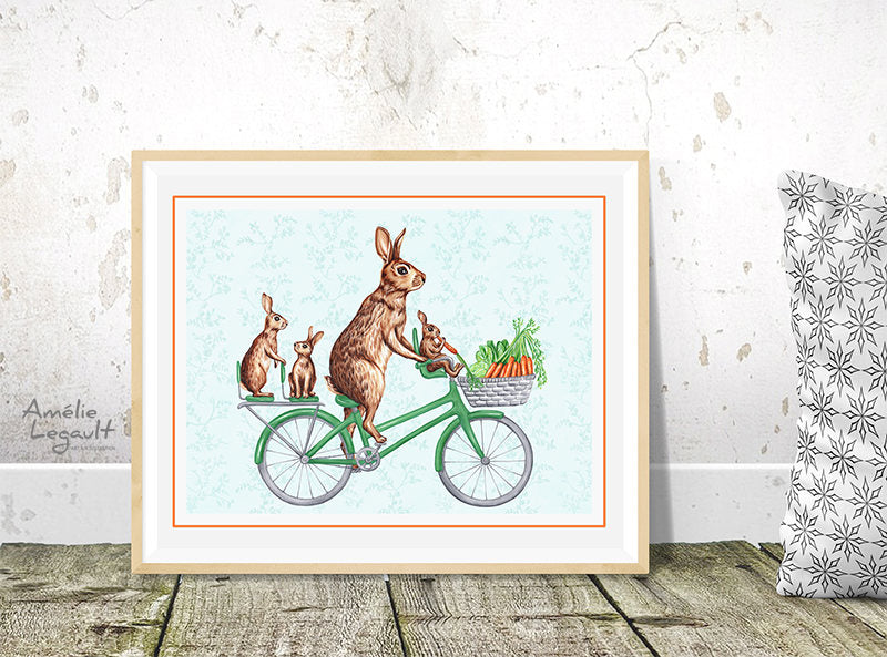 Affiche de lapins à vélo, lapins la bicyclette, illustration de lapin, dessin de lapin, amélie legault, dessin de vélo, dessin de bicyclette, famille de lapin