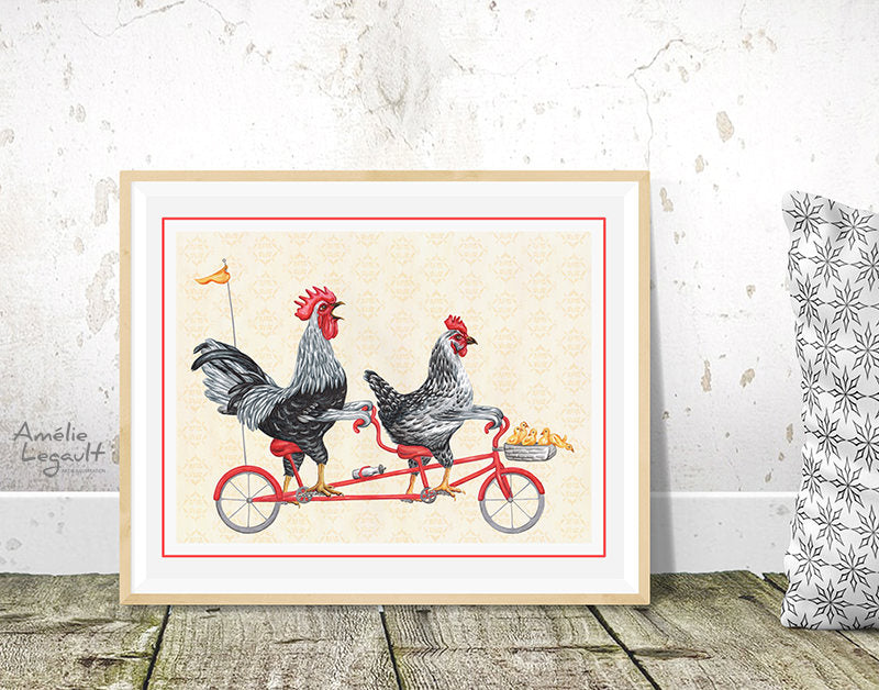 Poulets à bicyclette, en vélo tandem, Affiche de coq, affiche de poule, illustration de poule, amélie legault, affiche de vélo tandem, dessin de vélo tandem