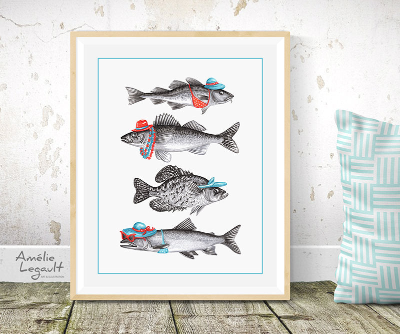 Dressed fish, Summer fish, Print, Drawing