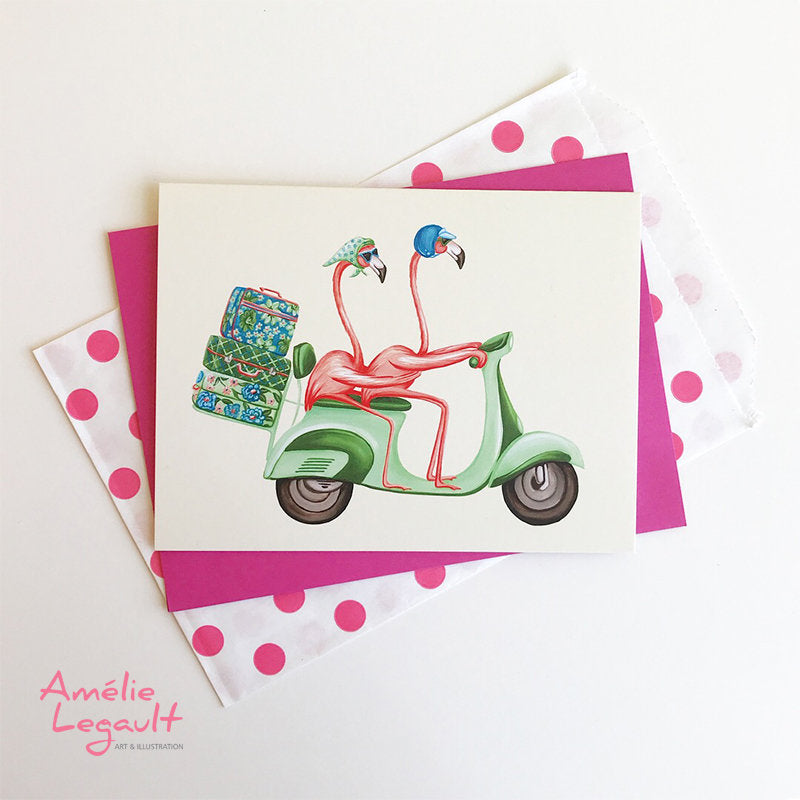 Flamants roses en scooter, carte de souhaits, carte de st-valentin, amelie legault, carte d'anniversaire, scooter, vespa