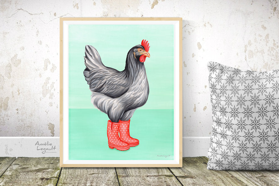 Chicken wearing rain boots, art Print, Home Decor, gouache Painting, amelie legault, hen illustration, rainy days, rainboot illustration, canadian artist, made in canada