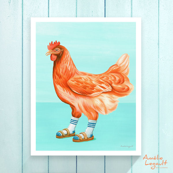 Hen illustration, hen painting, chicken illustration, chicken art print, Chickens wearing sandals with socks, art Print, Home decor, amelie legault, canadian artist, canadian art, made in canada