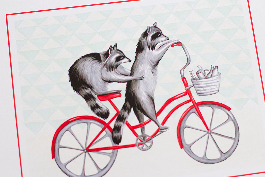Raccoons on a bike, raccoon illustration, raccoon art, amélie legault, montreal animal, quebec, bicyclette, vélo