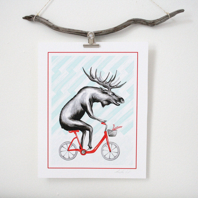 Orignal à bicyclette, Affiche, Dessin d'orignal, Amélie Legault, animal canadien, art canadien, artiste canadienne, affiche de vélo, cadeau pour cycliste