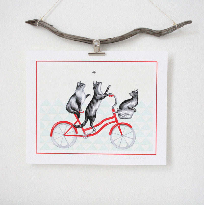 Cats on a bike, art Print, cat Drawing, amélie legault, for cat lady, cat love, cat art print