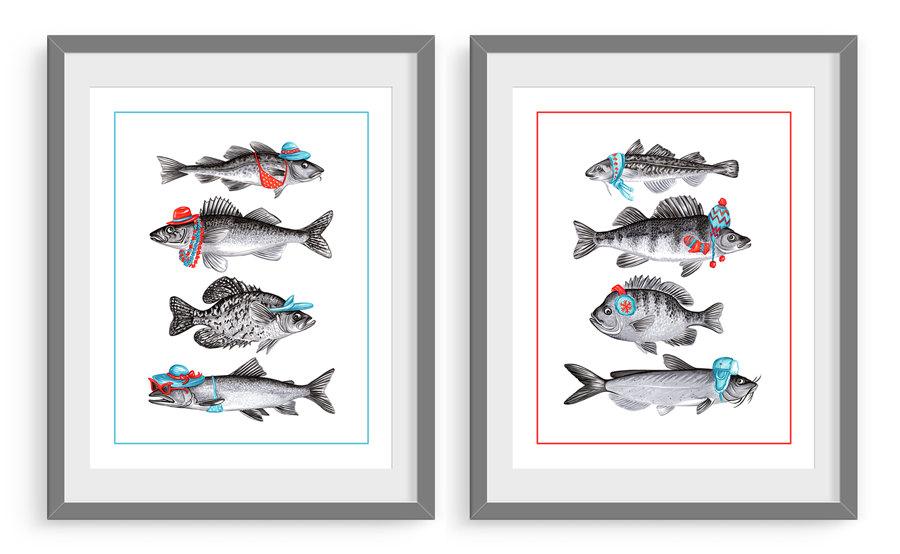Fish print set, Winter and summer fish, canadian fish, canadian artist, canadian art, amelie legault, fish art prints, fish art work
