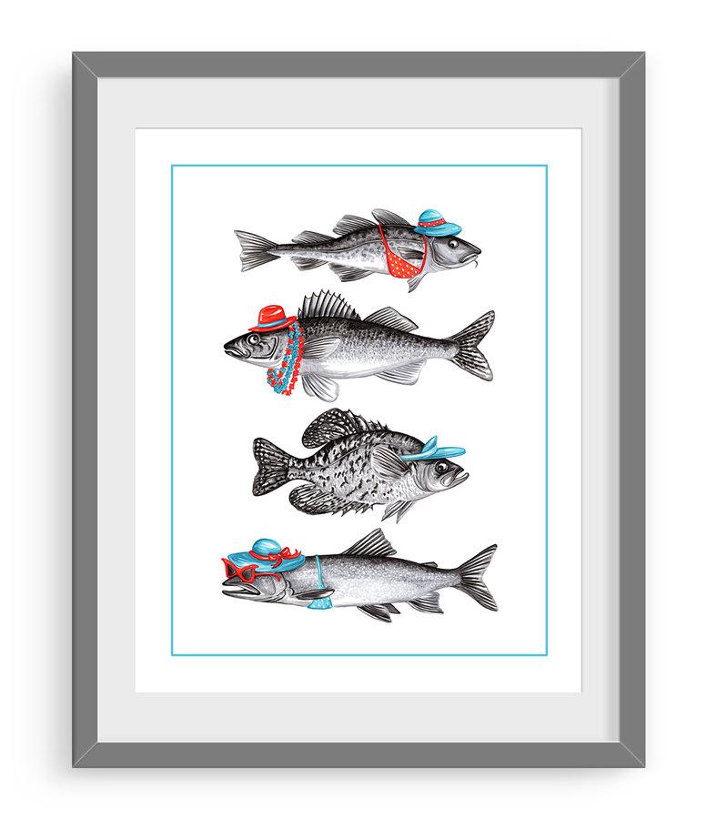 affiche de poissons, dessin de poissons, amelie legault, poisson canadien, fait au québec, artiste québécoise, poissons du québec