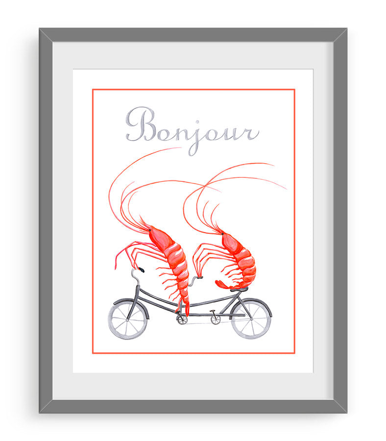 Affiche de crevettes en vélo tandem, amélie legault, dessin de crevette, illustration de crevette, affiche pour le cuisine, affiche bonjour