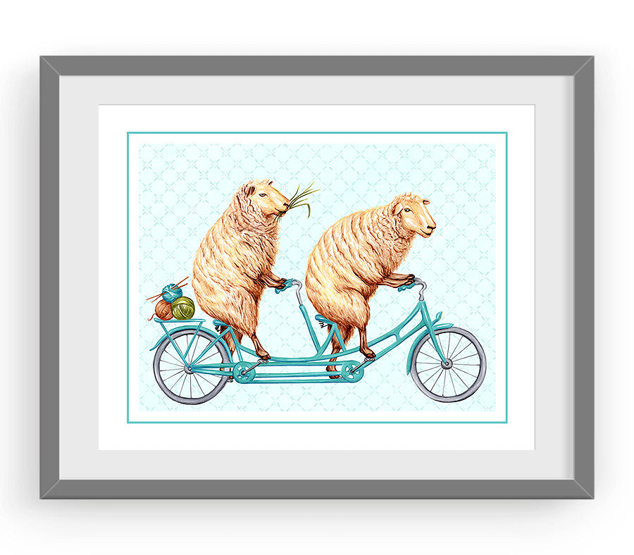 Sheeps riding a tandem bike, art print, sheep drawing, amélie legault, sheep illustration