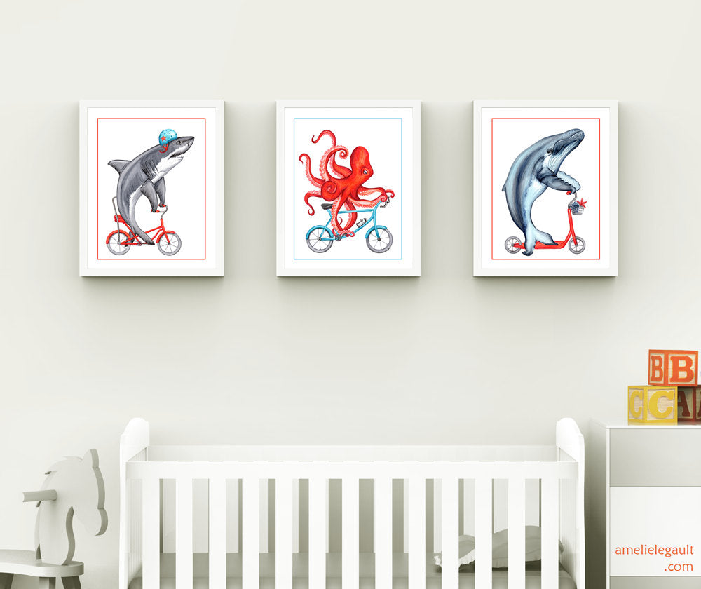 Set of 3 sea animals print, shark, octopus, whale, on bicycle, sea animals drawing, amélie legault, washroom decor