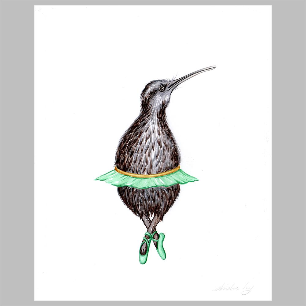kiwi bird illustration, amelie legault, original artwork, ballet, ballerina, new zealand