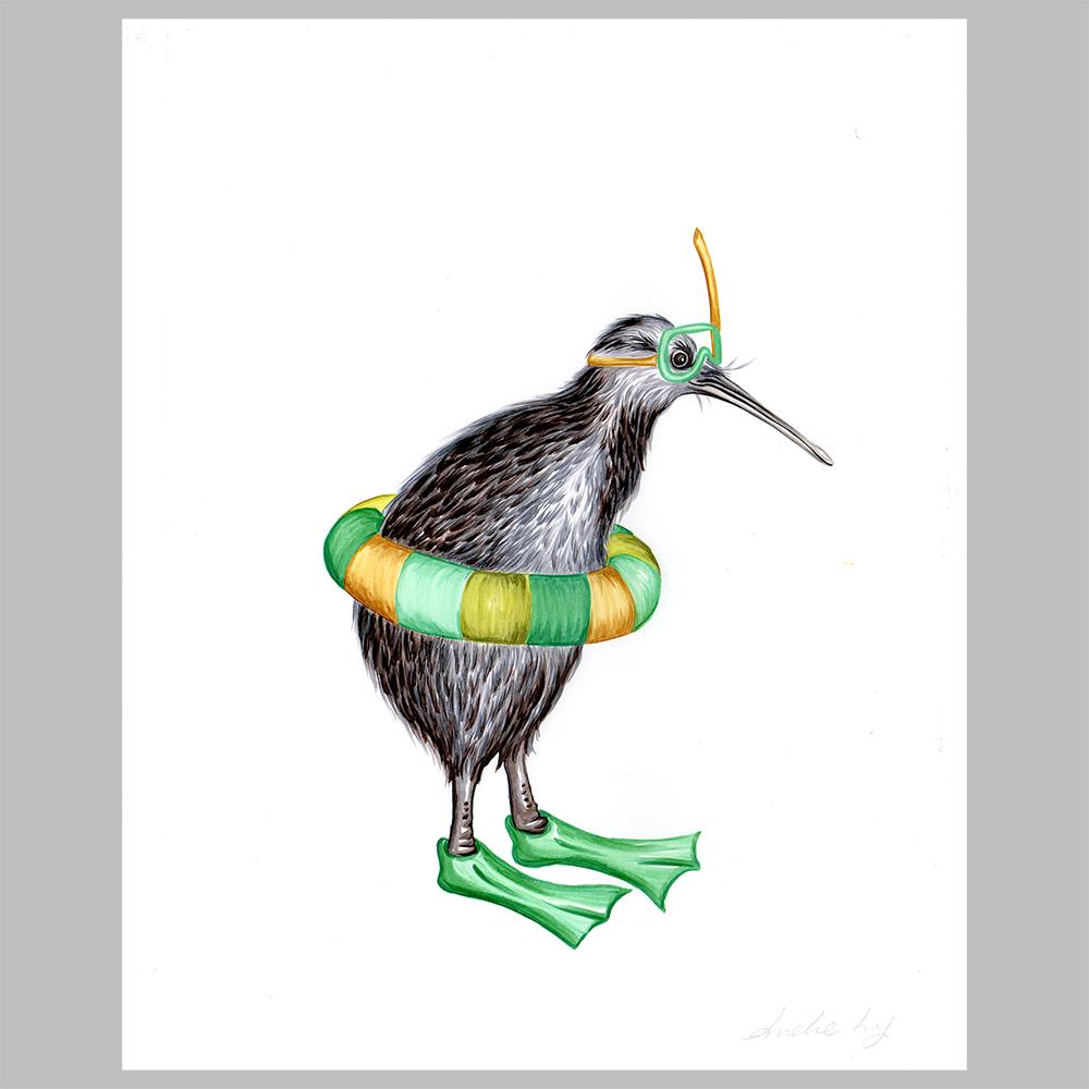 kiwi bird illustration, amelie legault, original artwork, diver, diving, new zealand