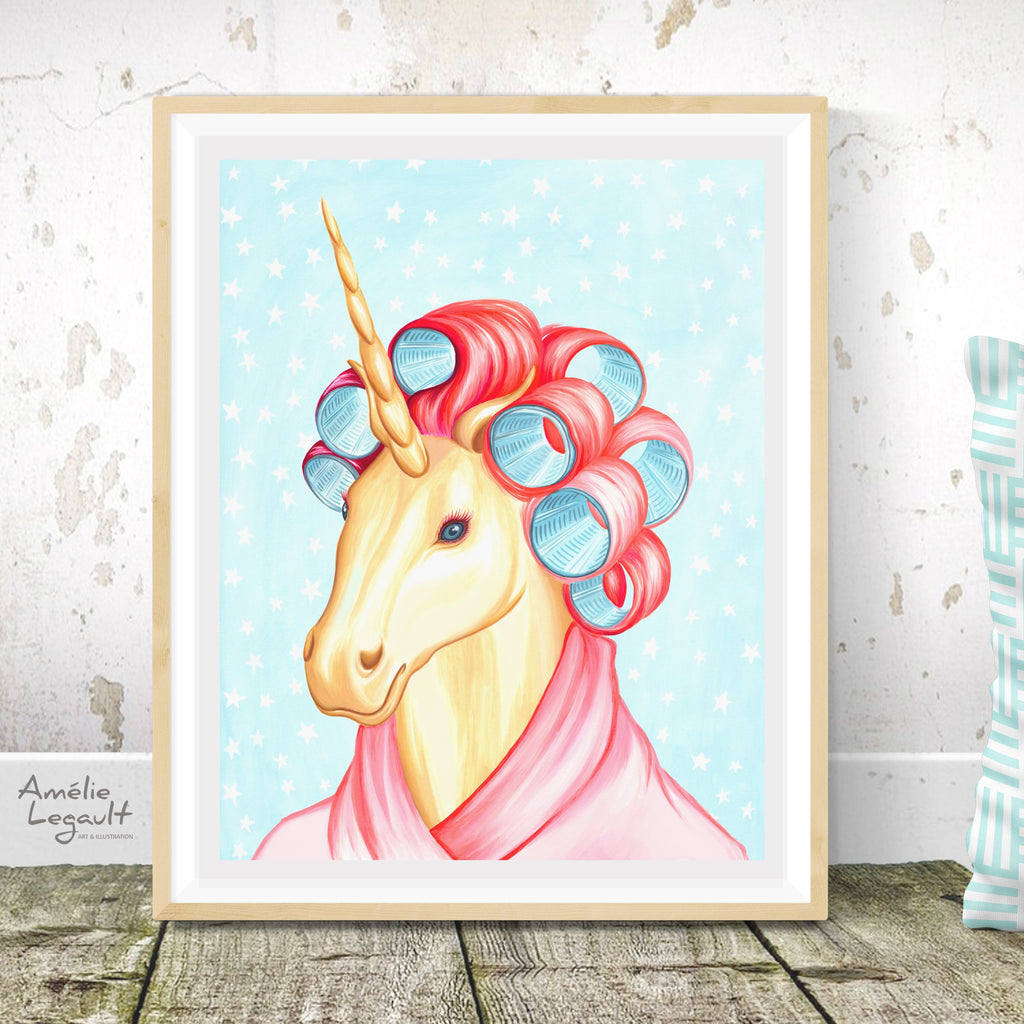 Unicorn with curlers, unicorn art print, unicorn painting, unicorn art, amelie legault, gouache painting