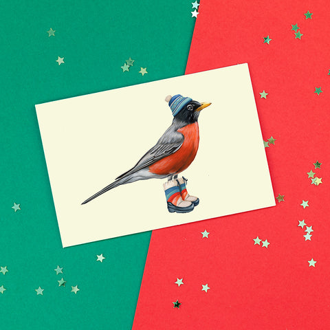 carte de souhaits d'oiseaux du Québec, carte de noël de Merle d'Amérique par l'artiste et illustratrice québécoise Amelie Legault, American Robin greeting card, canadian bird holiday card, bird Christmas card by Canadian Artist Amelie Legault 