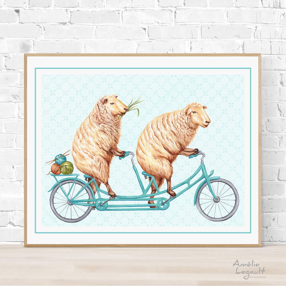 Sheep on a bicycle, art print, sheep drawing, sheep illustration, amélie legault, tandem bike illustration, tandem bike print