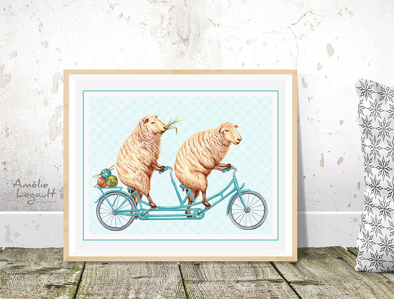 Moutons en vélo tandem, affiche, dessin
