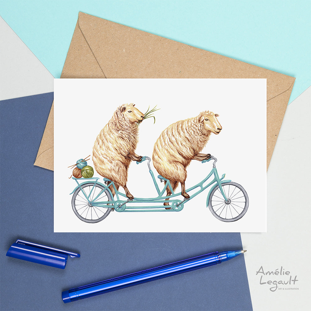 sheep card, sheep greeting card, sheep birthday card, Amelie Legault, mouton à vélo, moutons à bicyclette, bicycle, bike